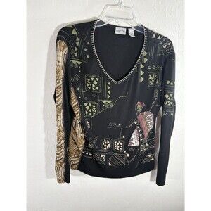 Chico's Black Tribal Geo Khaki Print Sz 1 Medium Women’s V- neck Cotton Blouse